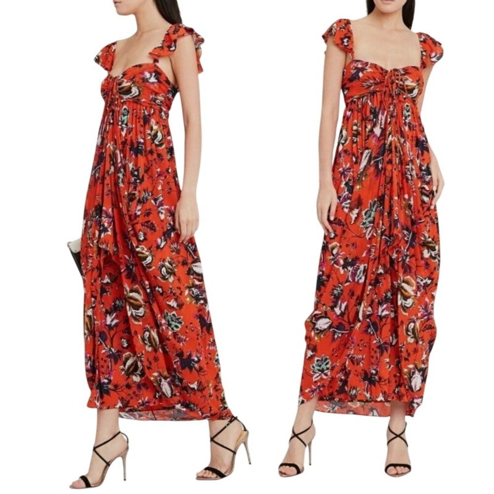 Diane Von Furstenberg Celestia Maxi Dress Orange Floral Sz M Ruched Mesh DVF